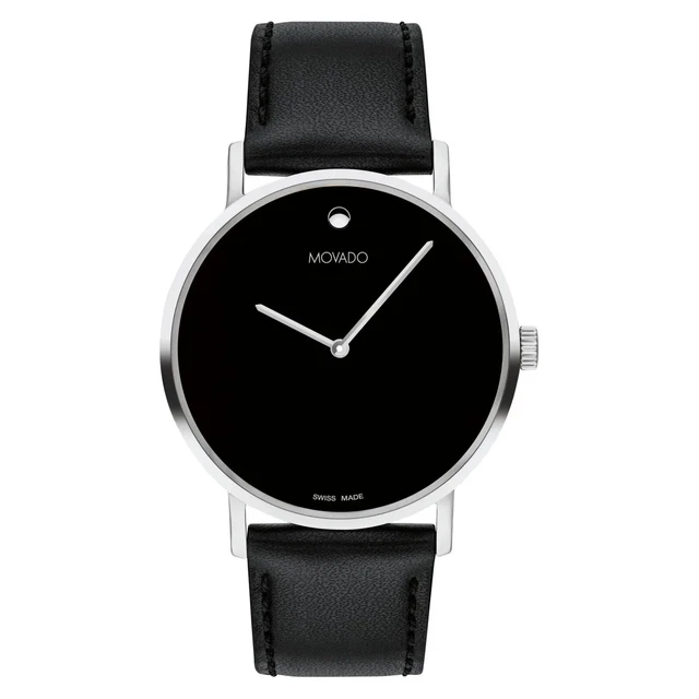 Movado Museum Signature Men's Black Leather Black Dial Swiss Watch 0607589