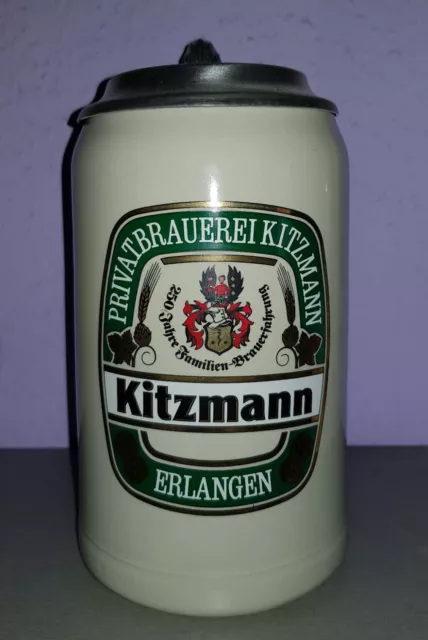 Bierkrug Zinndeckel 1 Liter Kitzmann Bräu Erlangen - Krug Bier Bayern