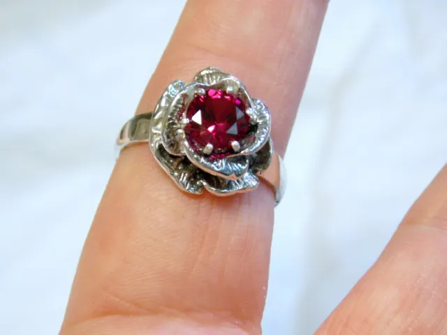Red Lab Ruby Size 9.5 Ring 925 Sterling Silver USA Made Vintage Style Flower