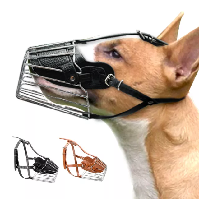 Metal STRONG Dog Muzzle Wire Basket Adjustable Leather Pit Bull Rottweiler S M L