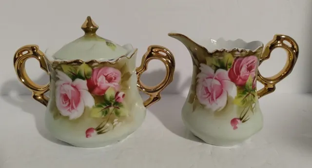 Lefton Heritage Rose Matching Covered Sugar Bowl & Creamer Green with Pink Roses