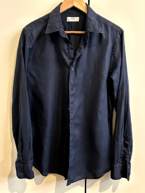 UNIQLO Mens 100% Linen Long Sleeve Buttonup Shirt Medium Indigo Navy Blue RRP$60