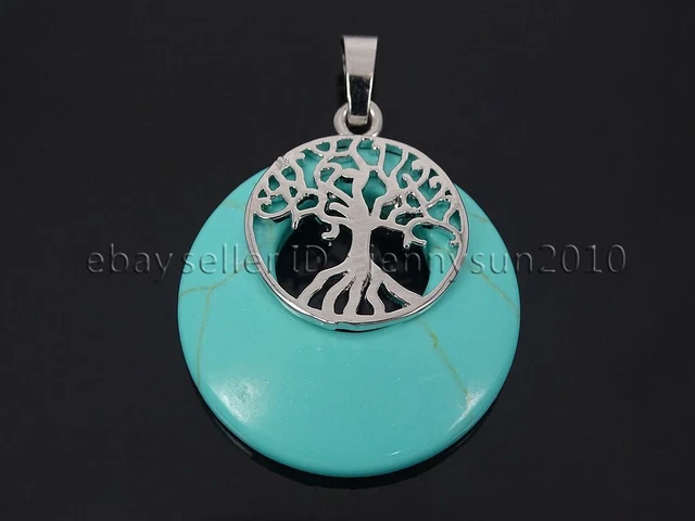 Natural Gemstone Reiki Chakra Round Tree of Life Pendant Charms Silver Plated