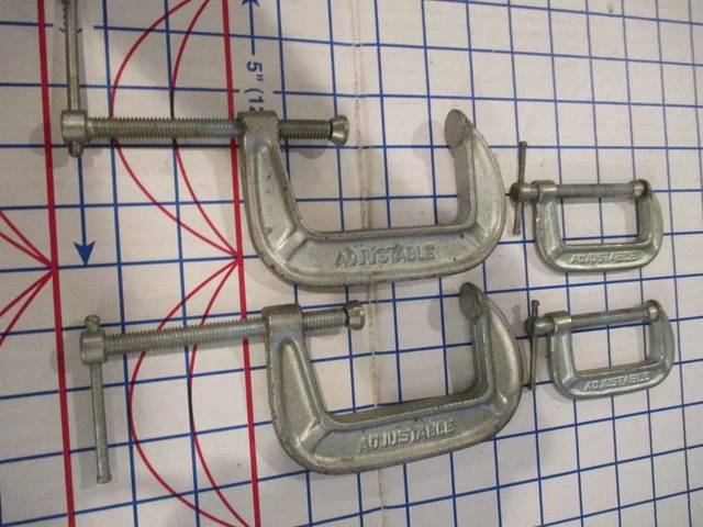 Vintage Lot 4 Heavy Metal Screw-Type Adjustable C-Clamps:  2" (2) + 3" (2)