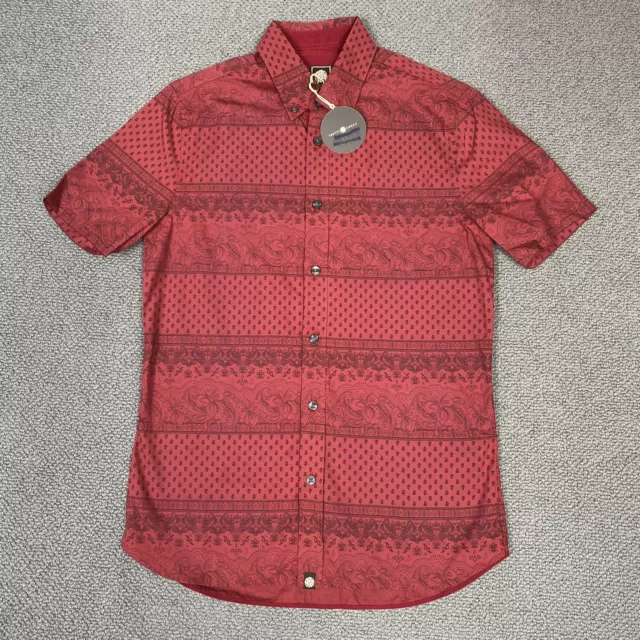 PRETTY GRÜN Shirt Herren XS extra klein rot Blumenmuster kurzärmlig geknöpft neu mit Etikett