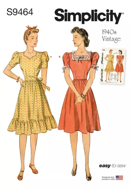 SIMPLICITY SEWING PATTERN 9464 MISSES 6-14 VINTAGE '40s DRESS W/ GATHERED SKIRT