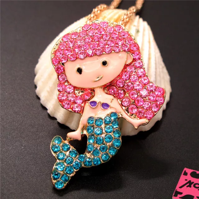 New Pink Blue Crystal Cute Mermaid Rhinestone Pendant Fashion Women Necklace
