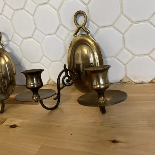 Vtg Pair Solid Brass Wall Sconces Twin Candlestick Holder Double Arm Candelabra