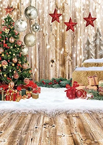 5x7Ft Christmas Backdrop Xmas Tree Gift Snow Vintage Wooden Floor Backdrop Ne...
