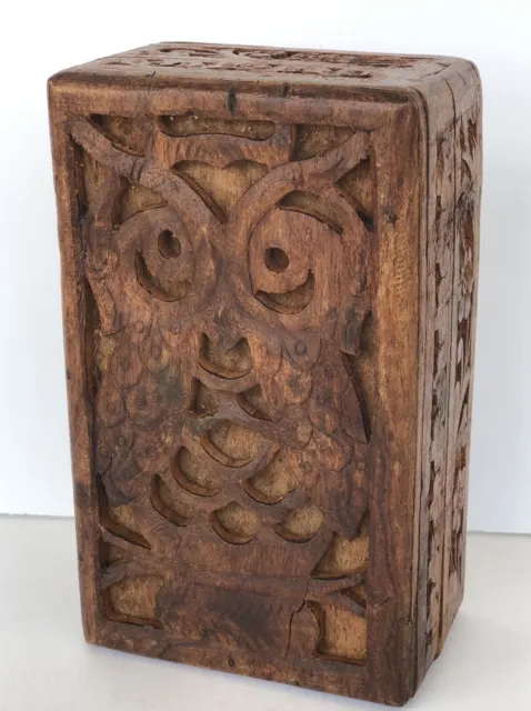 Vintage Hand Carved Wooden Owl Jewelry Box Trinket Box Made In INDIA