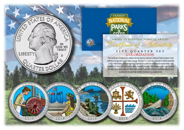 2019 America The Beautiful COLORIZED Quarters U.S. Parks 5-Coin Set w/ Capsules