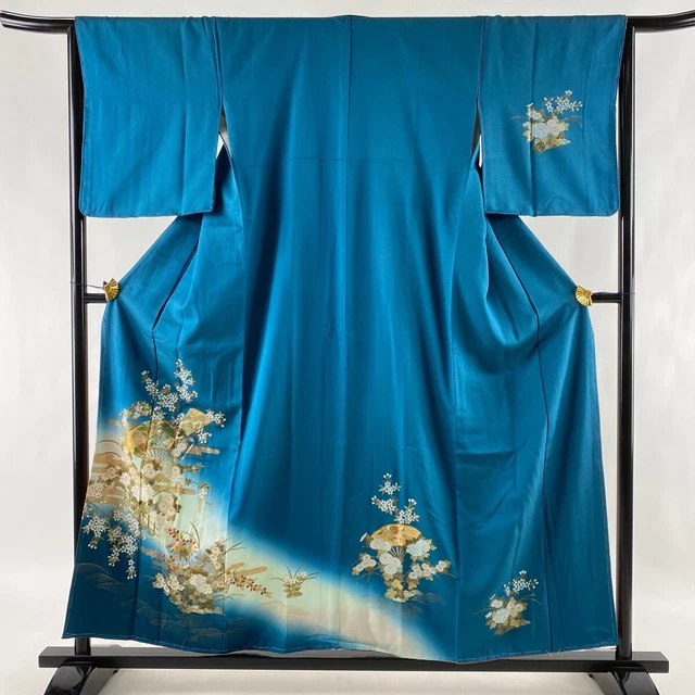 Japanese Kimono Silk Houmongi Vintage Gold Blue Green Silver Flower Fan 61in.