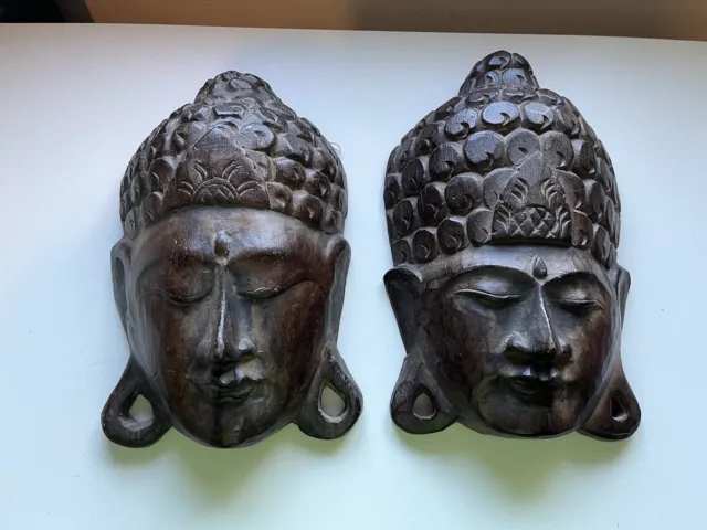 Pair Of Buddha Head Face Wooden Hand Carved Mask Sculpture Wall Art Bali