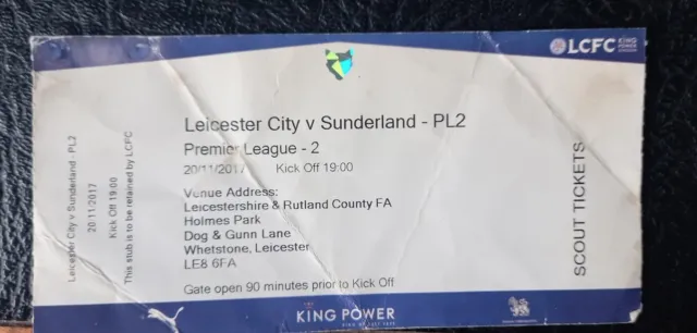 Ticket Stub Leicester City Reserves V Sunderland 2017 / 2018 Premier League 2