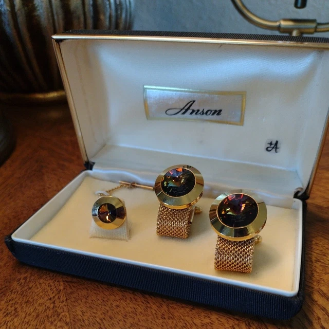 VINTAGE MEN’S ANSON GOLD TONE & Iridescent Stone CUFF LINKS & TIE Pin SET RB
