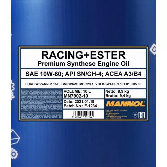 10 Liter 10W-60 Mannol Motoröl Racing + Ester 10W60 Api Sn Ch-4 Sportwagen 2