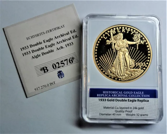 Medaille vom USA Gold Double Eagle 1933, PP/Proof in Box sealed mit Zertifikat