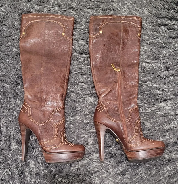 RIVER ISLAND BROWN Leather Stiletto Heel Knee High Boots Size 4 Vintage