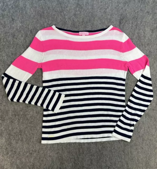 Lilly Pulitzer Sweater Womens XL Striped Pink Blue Wool Blend Light Preppy *