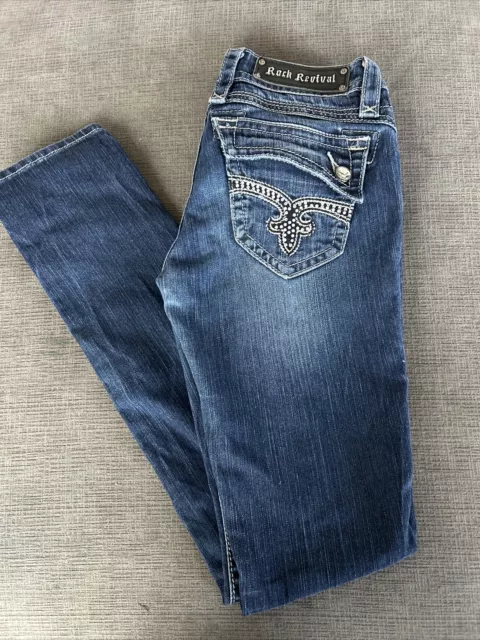 Womens Size 27 Buckle Rock Revival Jeans Johanna Rhinestones Flap Pockets Blue