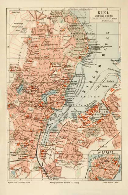 Kiel historischer Stadtplan Karte Lithographie ca. 1910 antike Stadtkarte