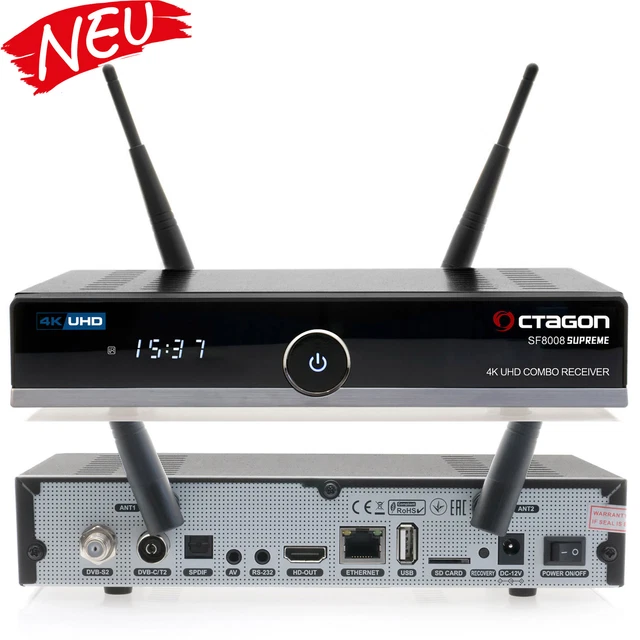 OCTAGON SF8008 UHD 4K Supreme Combo Receiver, satellietkabel & DVB-T2 ontvanger, E2 Linux & Define OS, met PVR-opnamefunctie, M.2 M Key, Gigabit LAN, Bluetooth, kaartlezer, sat-to-IP, wifi wifi