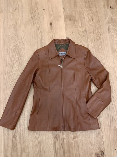 Veste En Cuir Nappa D'agneau Femme – Marque Von Holdt, Taille 38/M, Couleur Cognac, Neuve Sans étiquette