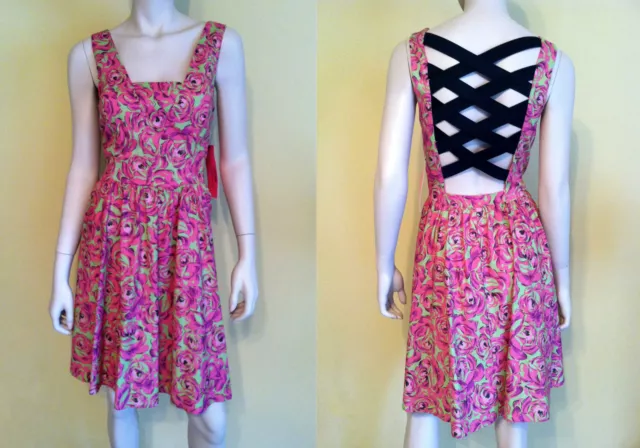 NWT BETSEY JOHNSON Dress Lattice Back Sleeveless Floral Print Multi-Color 10