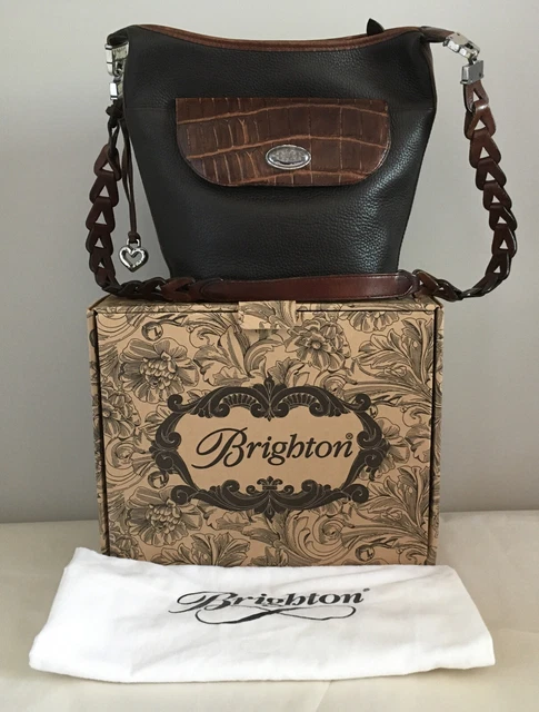 Vtg. Brighton Pebbled Brown Croc Trim Leather Purse Shoulder Bag Crossbody