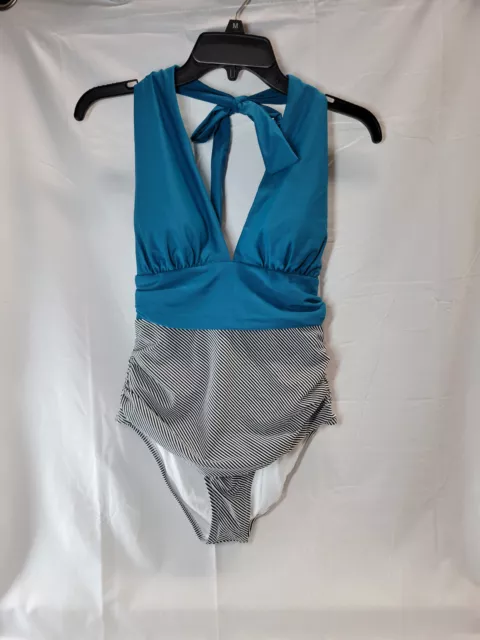 CUPSHE Halter Top One Piece Swimsuit Aqua with Pin Stripes Women's Size Large