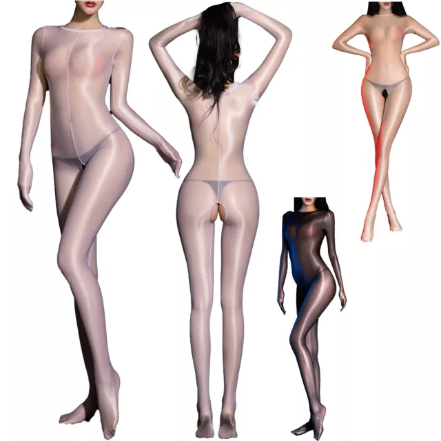 Women's Ultra Thin Sheer Lingerie Catsuit One Piece Jumpsuit Glossy Bodystocking