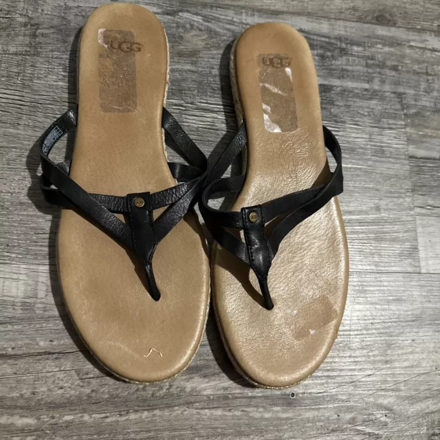 UGG Women Sandal Thong Flip Flop  Strap Leather  Black Size 9
