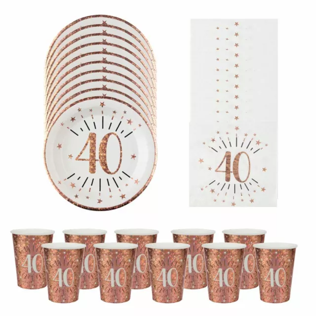 40th Birthday Party Pack | Rose Gold Tableware Plates Napkins Cups x10pc