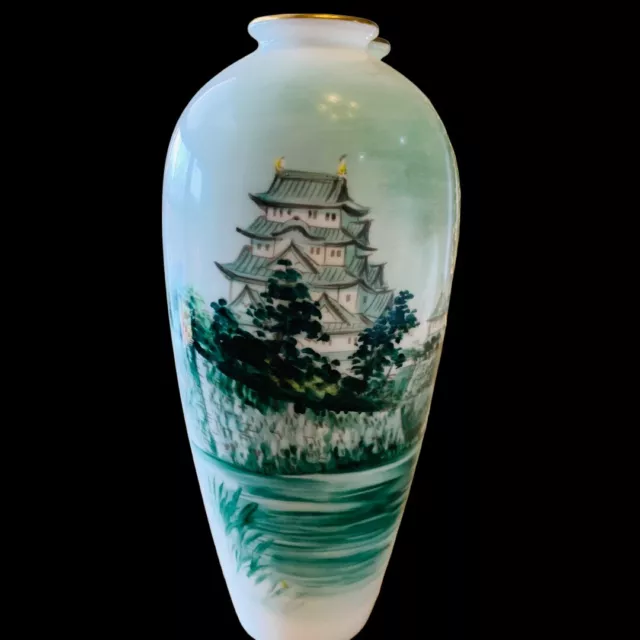 NORITAKE Bone China NIPPON TOKI KAISHA Hand Painted Signed Green Pagoda Vase