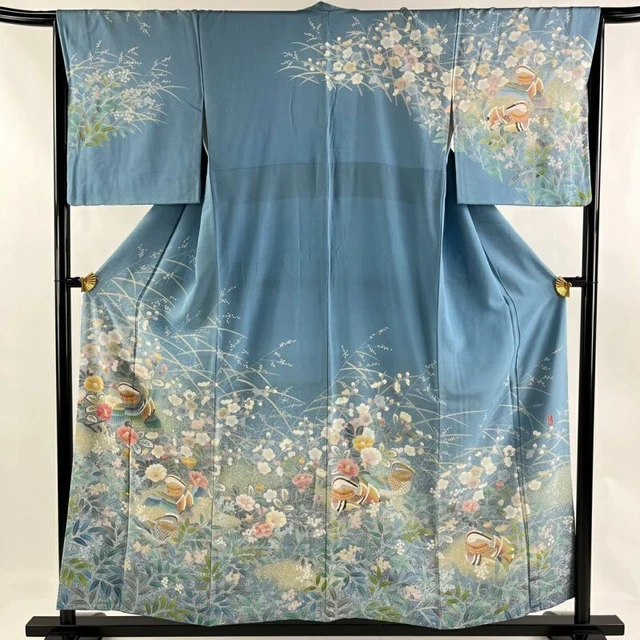 Woman Japanese Kimono Houmongi Silk Oshidori Bird Plum Blossom Blur Light Blue