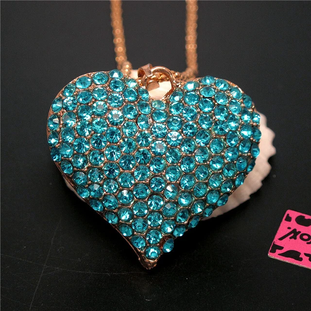 New Rhinestone Blue Shiny Heart Crystal Pendant Betsey Johnson Chain Necklace