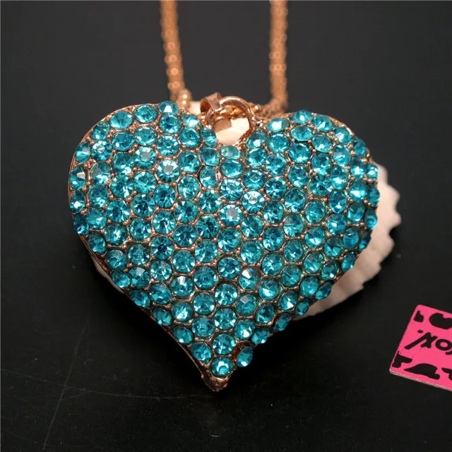 New Rhinestone Blue Shiny Heart Crystal Pendant Fashion Women Chain Necklace