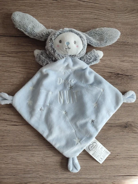 Doudou Plat MOTS D'ENFANTS Ours Déguisé en Lapin bleu Blanc Gris Douce Nuit tbe