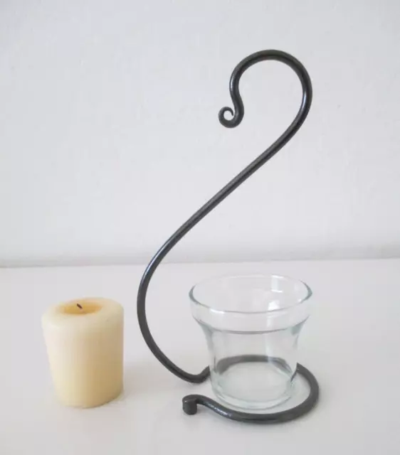 Black 7" Amish Forged Hanging Wrought Iron/Glass Votive Candle Holder Vtg AZ32