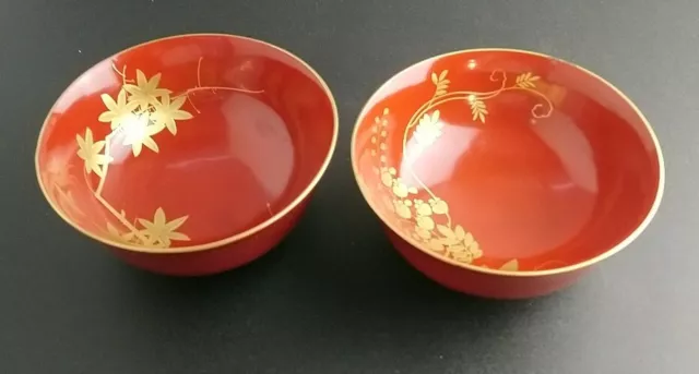 Antique Japanese Red Lacquer Bowl Meiji Gold Flower 13cm wide 6cm tall Set of 2