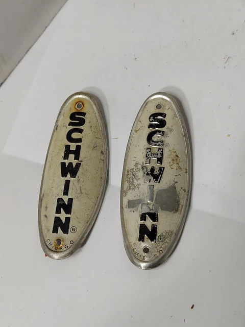 Pair Schwinn Chicago Head Badge Black & White vintage