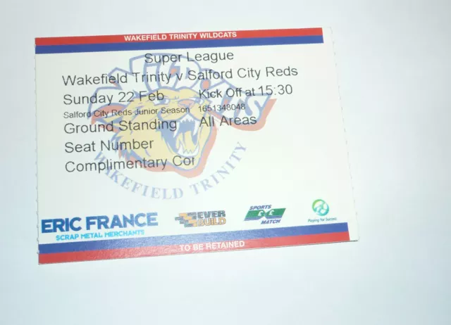 WAKEFIELD TRINITY v SALFORD CITY REDS 22nd FEBRUARY 2009, TICKET