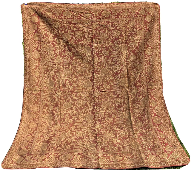 Mid 19th Century Opulent Jacquard Throw Coverlet Floral Metallic Thread Blanket
