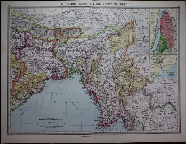 Old 1905 Harmsworth Atlas Map ~ BENGAL PROVINCES, BURMA, TIBET ~Free S&H #664