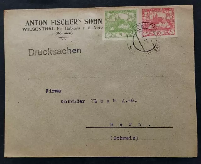 Czechoslovakia 1919 Wiesenthal Dual Cover to Switzerland - 5H + 10H Stamps