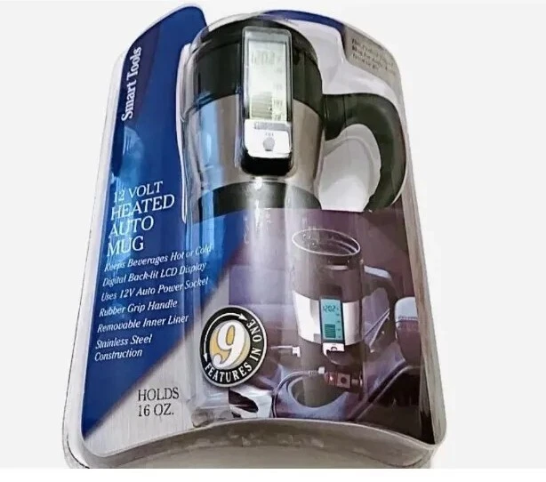 Smart Tools LED Car 12 Volt Heated Auto Coffee Mug 16oz Stainless Steel NIB