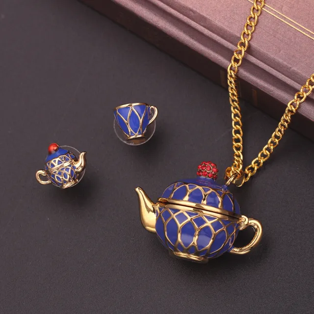 Collar de taza de té pendientes colgante cadena de suéter accesorios joyería - azul
