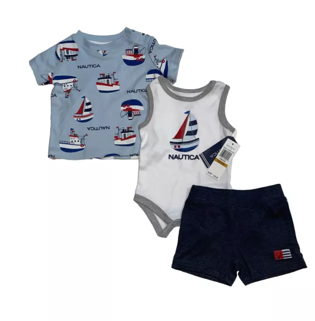 Nautica Baby Boy 3-PC Short Set Blues/White & Boats;Tee, Tank & Shorts Size 0/3M