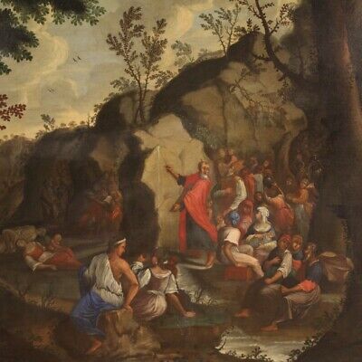 Gran pintura religiosa milagro Moises cuadro antigua oleo lienzo siglo XVIII