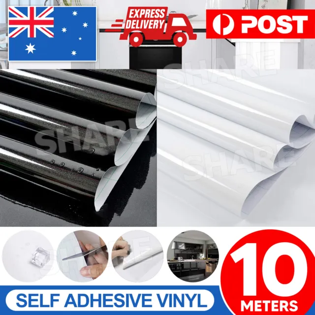 10M Self Adhesive Waterproof Vinyl Film Cupboard Door Covering Roll Black White